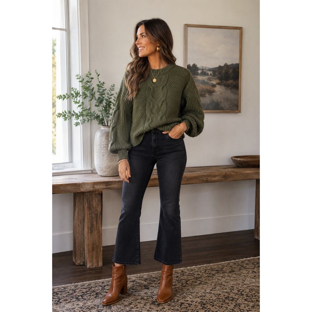 J. Crew Cable Knit Balloon Sleeve Sweater in Olive Moss Green.